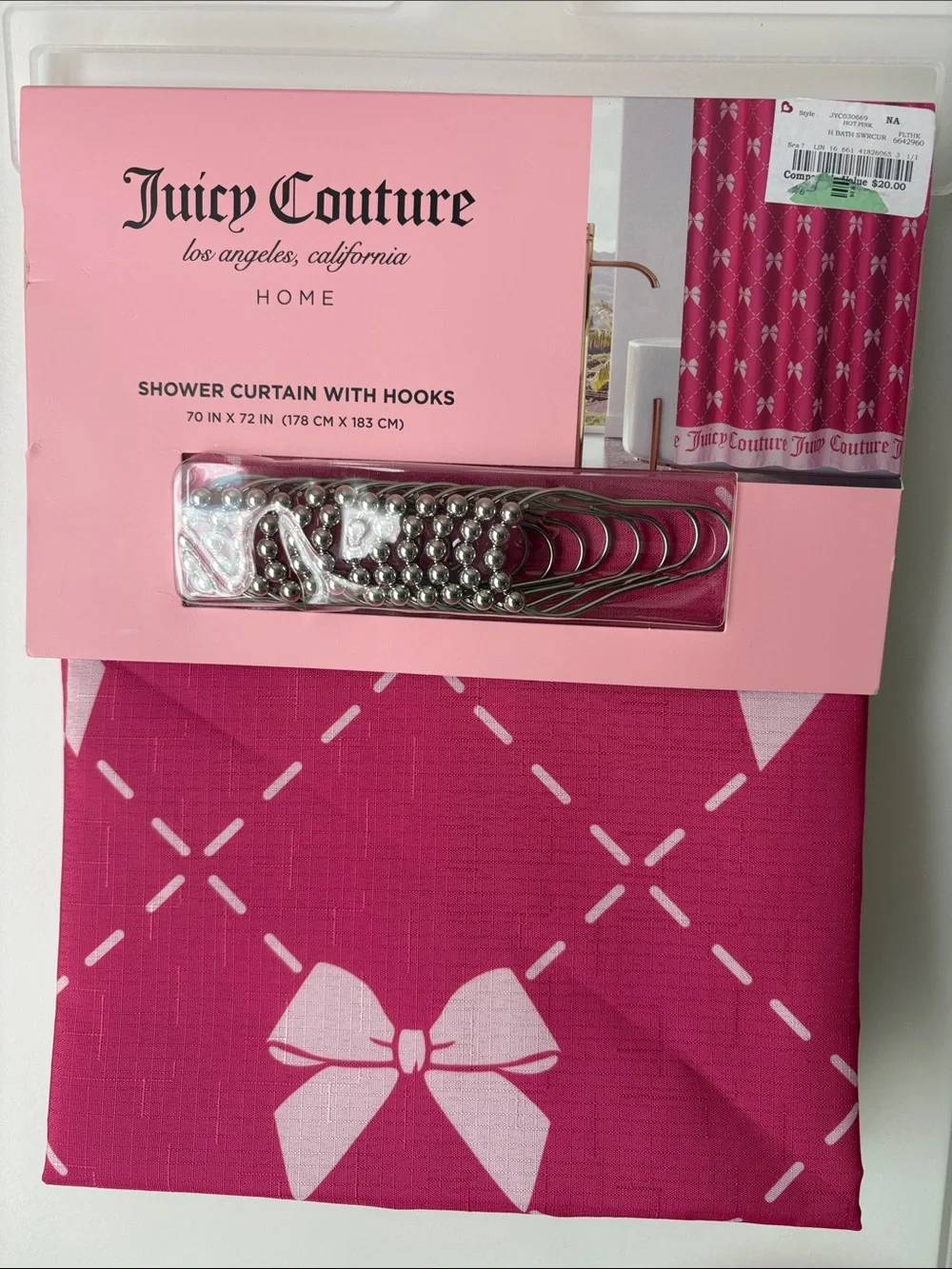 Juicy Couture Pink Bow Diamond-Quilt Shower Curtain with Hooks